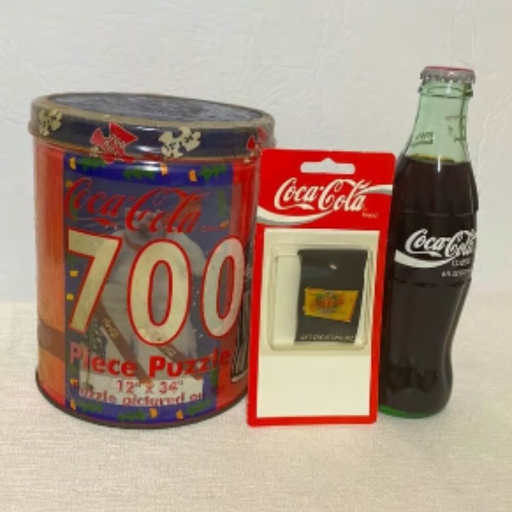 Vintage COCA COLA Collectables--700 Puzzle Tin; Atlanta Coke Pin; Bottle of Coke